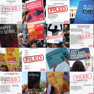 A collage of protest signs and legal filings.