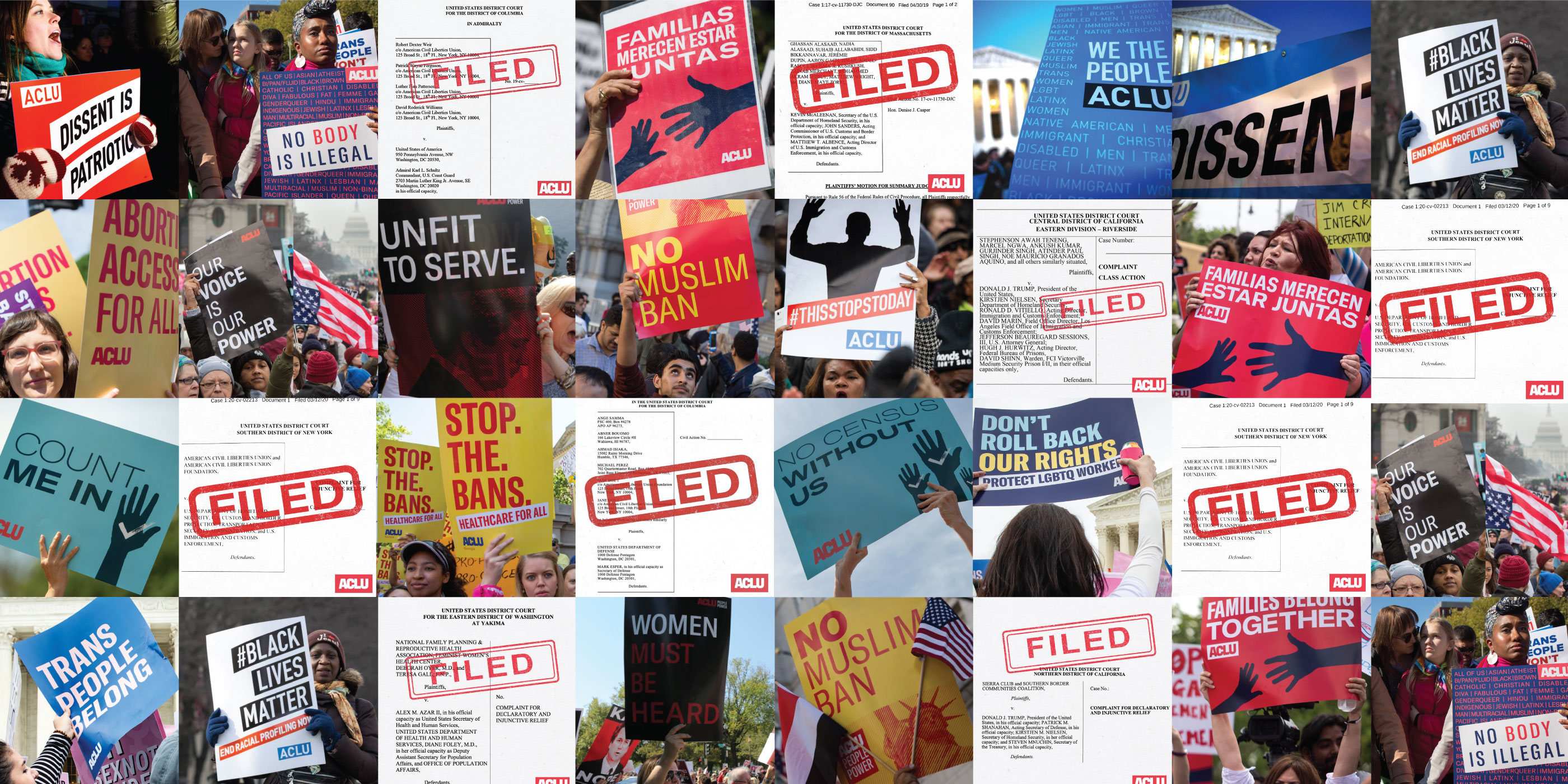 A collage of protest signs and legal filings.