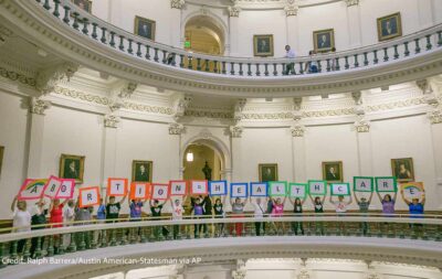 Representatives of the Trust, Respect, Access Coalition, holding multicolored signs spelling out ABORTION=HEALTHCARE, gathered in the Texas Capitol Rotunda Thursday afternoon July 27, 2017 to voice their opposition to abortion legislation being considered by the Texas House, Thursday, July 27, 2017 in Austin, Texas.