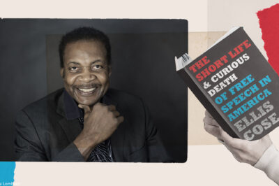 A collage of headshot of Ellis Cose and hands holding his new book, "The Short Life and Curious Death of Free Speech."
