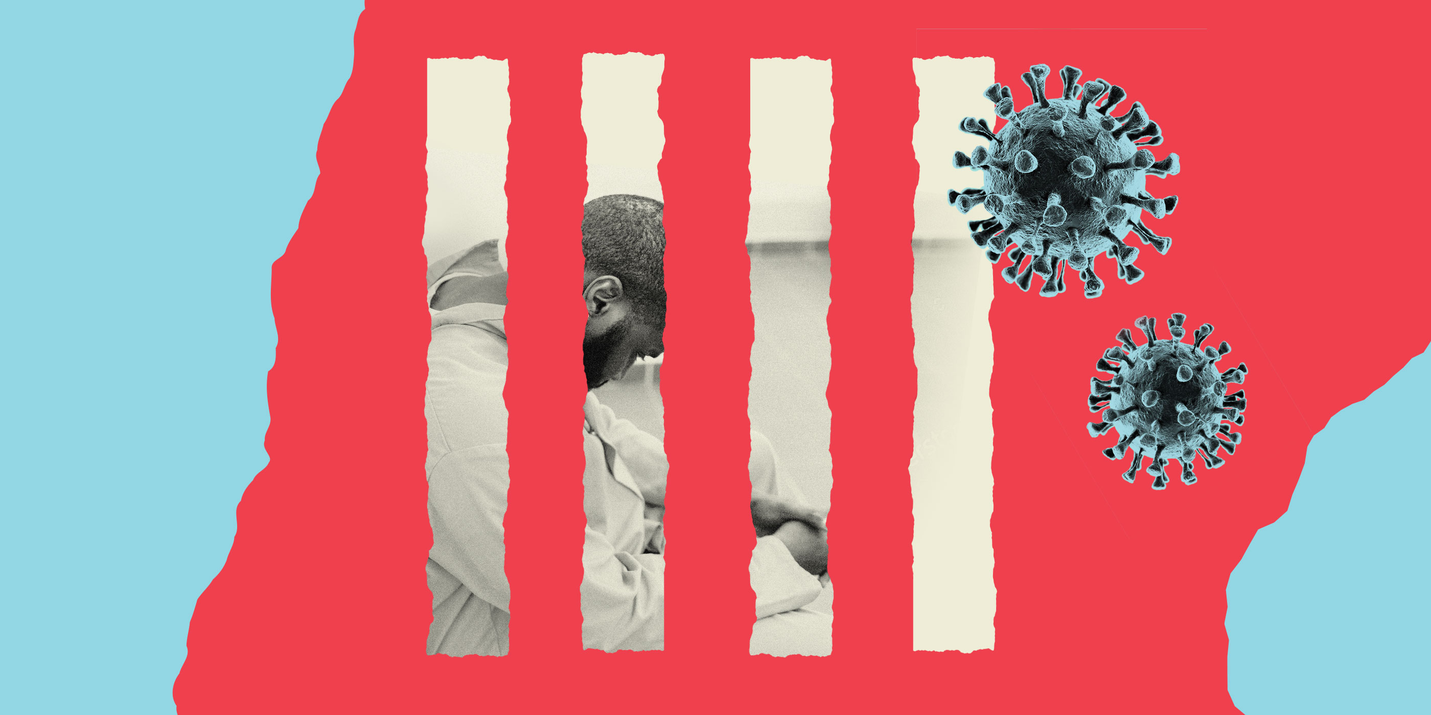 A black man sits behind bars depicted by a red block, and floating germs and virus added to collage.