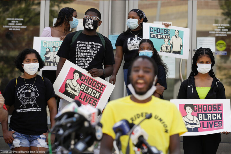 Parents, students, and teachers holding a press conference to call for a safe, fully funded, and racially just approach to reopening of Los Angeles schools.