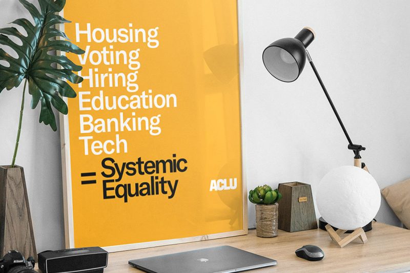 A picture of ACLU's systemic equality poster framed and placed on top of a desk.