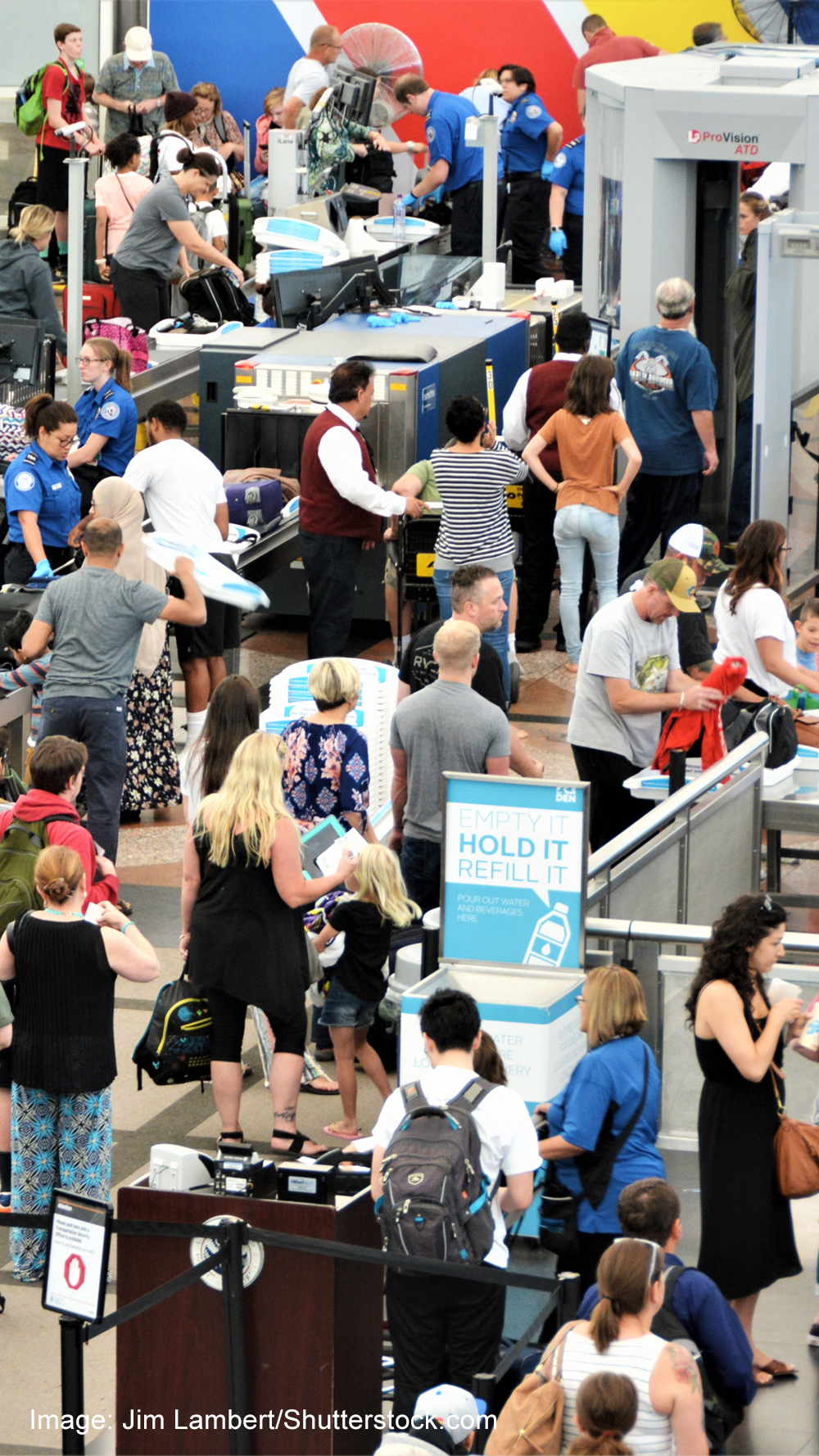 Travelers waiting in long lines to pass through the Transportation Security Administrations (TSA) security screening areas to get to their flights.