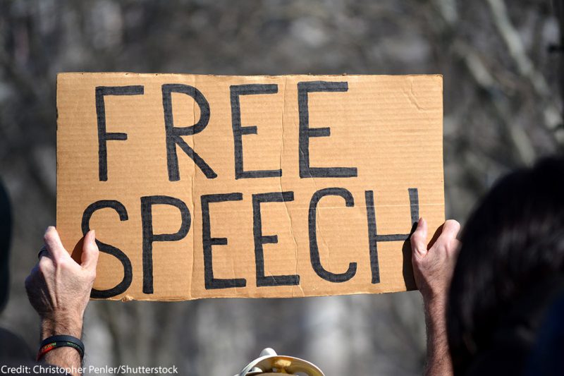 A sign reading FREE SPEECH is held aloft by person protesting immigration laws banning some Muslims at Battery Park in Manhattan in 2017 in New York City