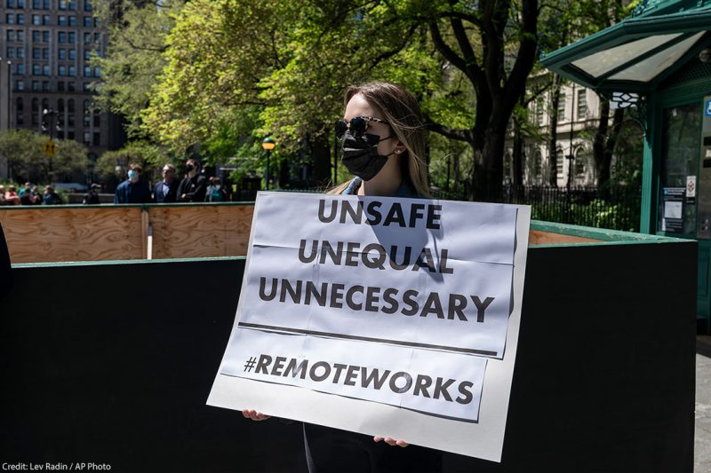 Municipal workers union gather on City Hall in New York for May Day protest against returning to offices.