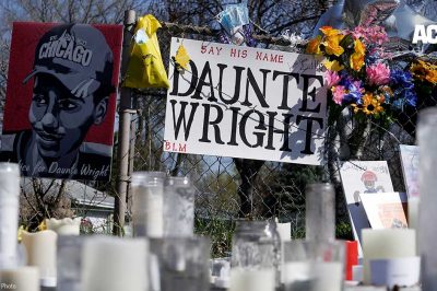 A makeshift memorial for Daunte Wright in front of Brooklyn Center