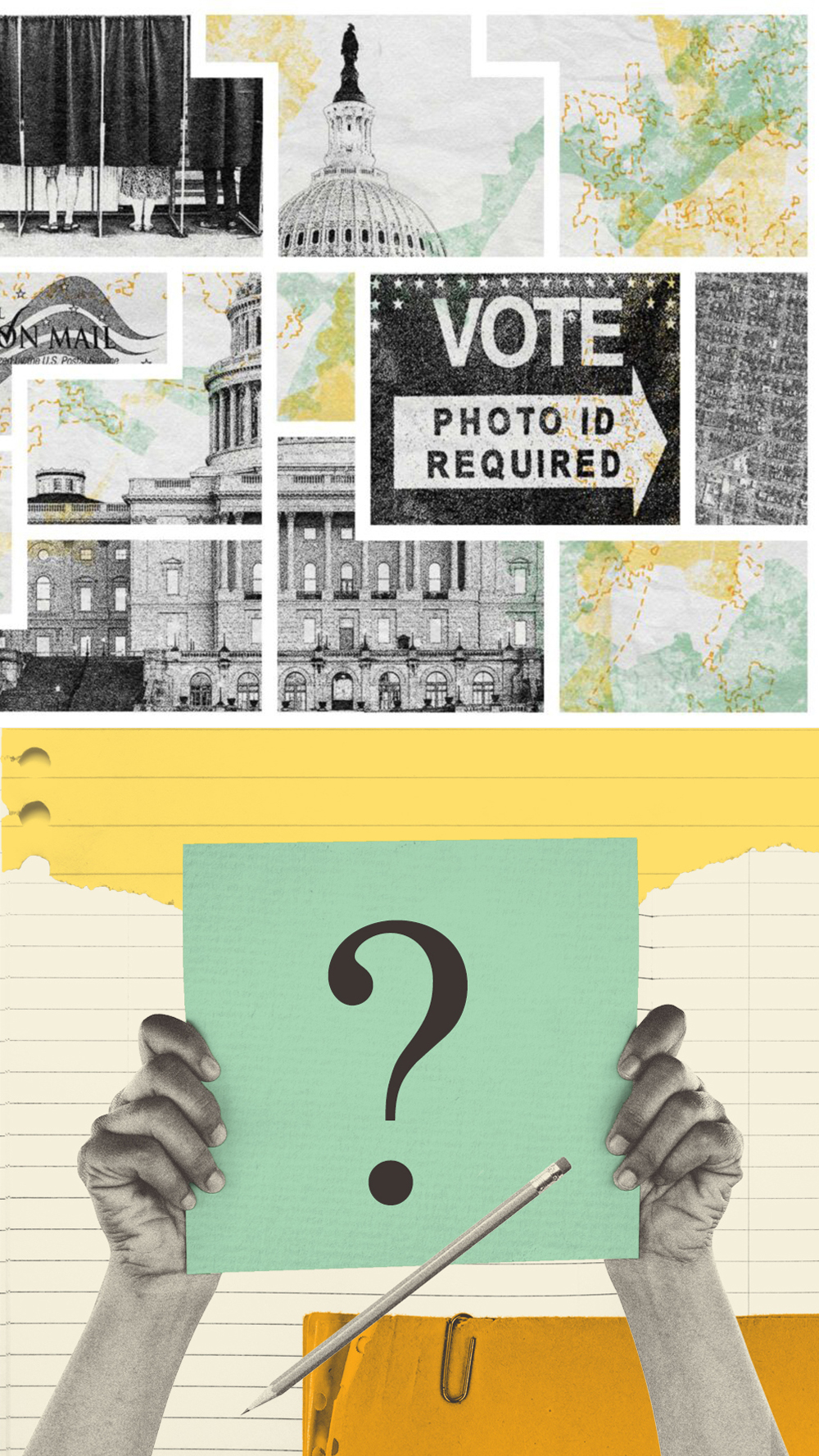 A collage banner that reflects voting rights imagery and a quiz question ard