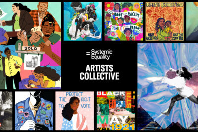 A banner containing the visual art pieces from the 10 emerging artists, with the words "Systemic Equality Artists Collective" in the center of the banner.