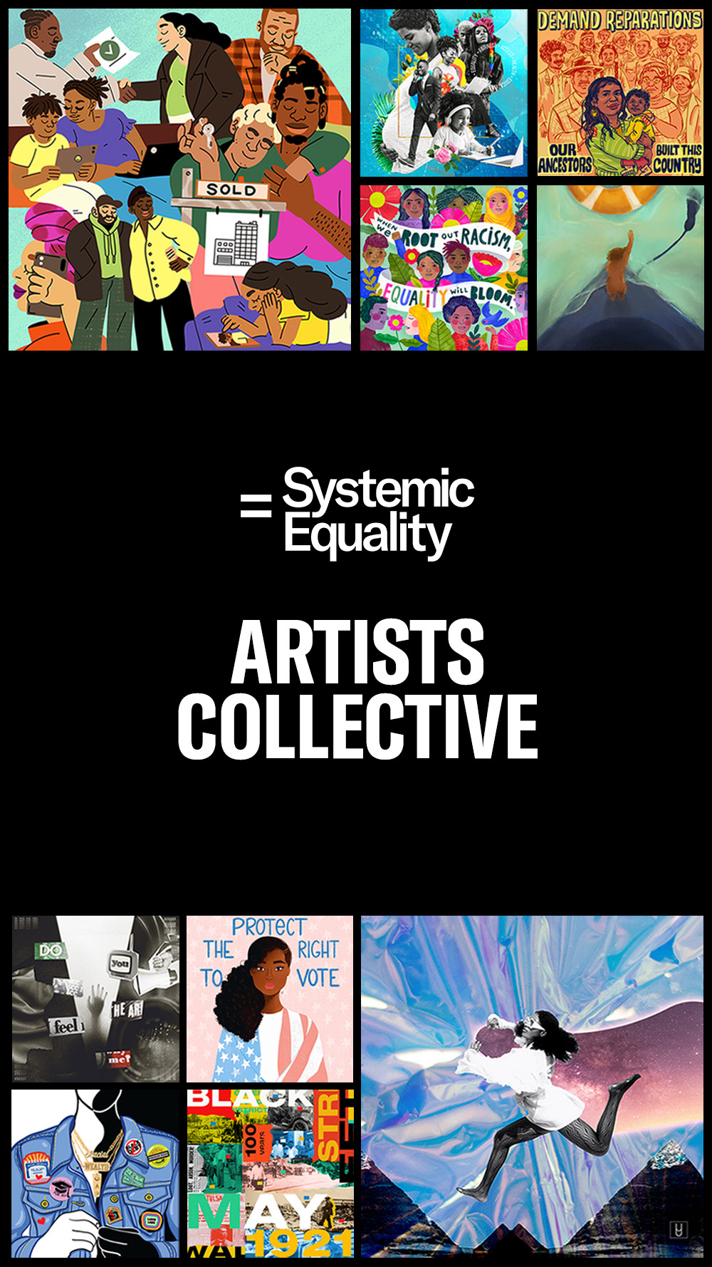 A banner containing the visual art pieces from the 10 emerging artists, with the words "Systemic Equality Artists Collective" in the center of the banner.