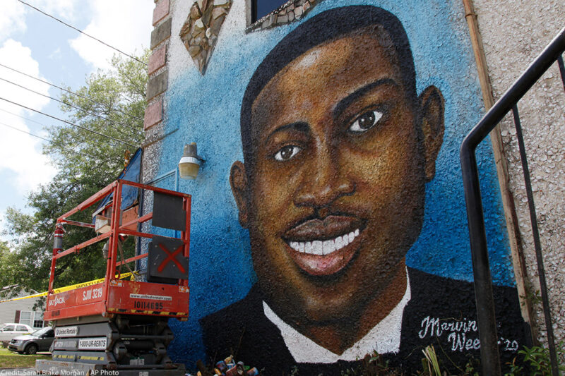 Painted mural of Ahmaud Arbery in Brunswick, Georgia after he was shot and killed in February 2020.