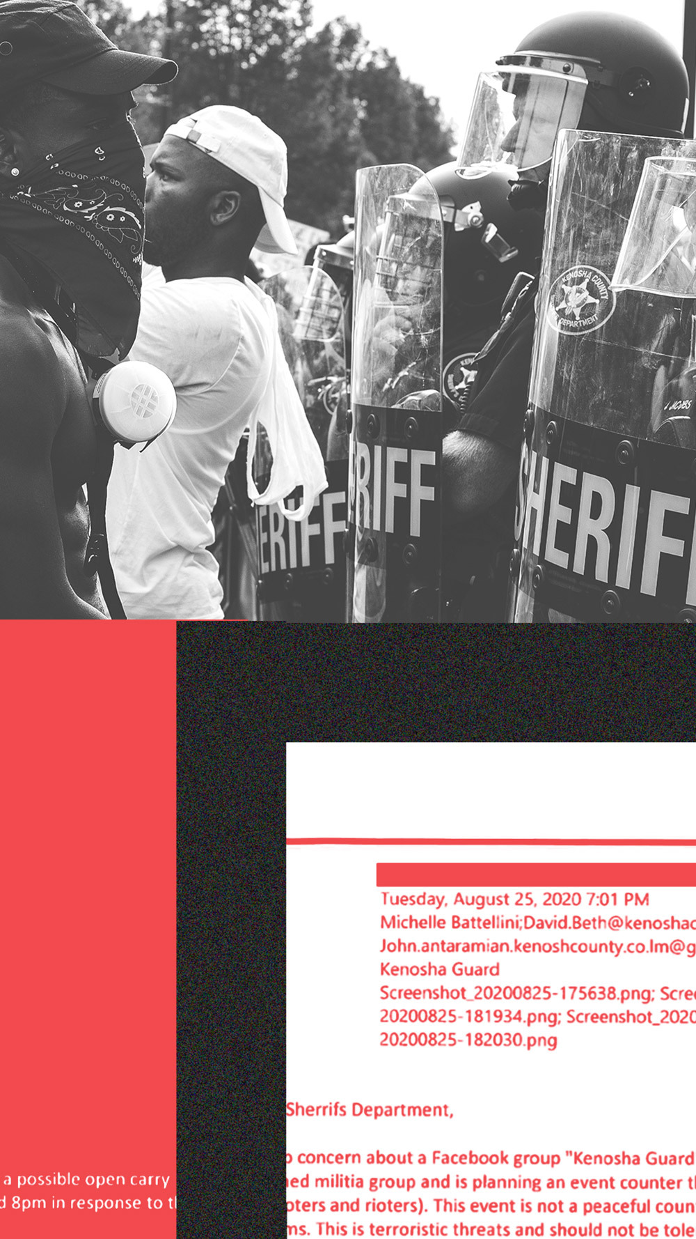 A collage of sheriff images at protests and text message evidence from the night of the 2020 Kenosha protests.