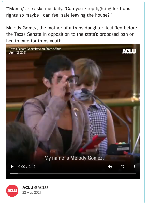 “‘Mama,’ she asks me daily. ‘Can you keep fighting for trans rights so maybe I can feel safe leaving the house?’” Melody Gomez, the mother of a trans daughter, testified before the Texas Senate in opposition to the state’s proposed ban on health care for trans youth.