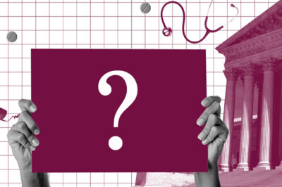 A purple collage of images, including the Supreme Court, a stethoscope, and two hands holding a sign with a question mark.