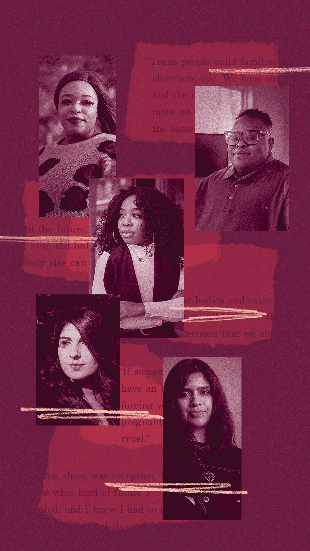 A collage of portraits of the five storytellers: Angel Kai, Veronika Granado, Cazembe Jackson, Briana McLennon, and Maleeha Aziz.