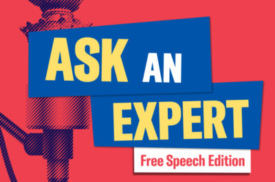 Text that reads "ask an expert, free speech edition" on a red background