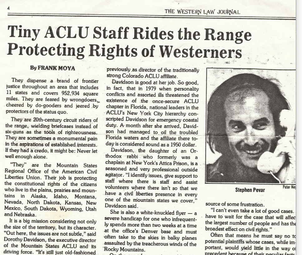 A newspaper clipping from the 1970s titled "Tiny ϰſ Staff Rides the Range Protecting the Rights of Westerners." A small photo of a young Stephen Pevar is included.