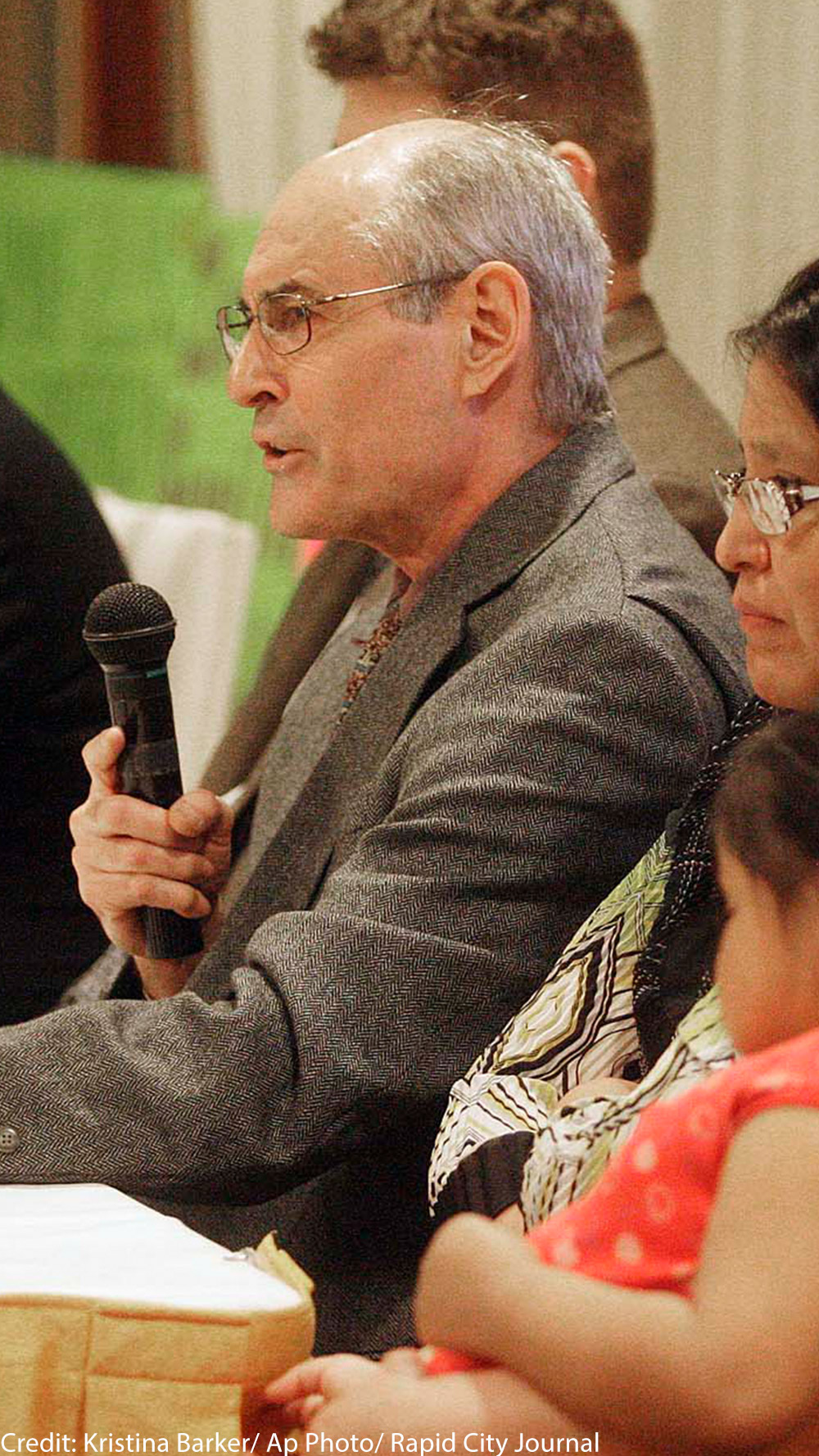 Stephen Pevar discussing unjust illegal actions taken against Native American families by the state of South Dakota at a press conference.