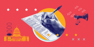 A red background containing white and gold stars, a large image of a hand with pen filling out a voting slip, white arrows, fill-in bubbles and the Capitol building.