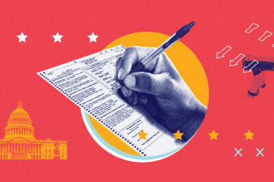 A red background containing white and gold stars, a large image of a hand with pen filling out a voting slip, white arrows, fill-in bubbles and the Capitol building.