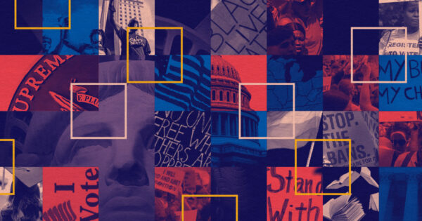 A collage that displays how the ACLU shows up when it matters most. The collage includes photos of Black Lives Matter signs, the Statue of Liberty, the Capitol, and more.
