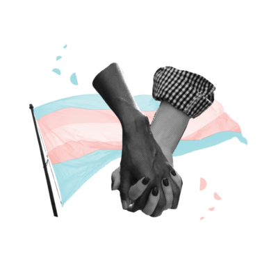 A custom graphic of a queer couple holding hands in front of a transgender flag. LGTBQ Rights is an issue that we're fighting for at the state supreme court level.