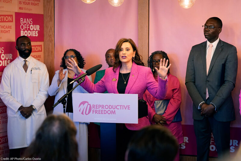 Governor Gretchen Whitmer speaking to a room of people.