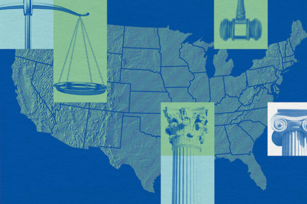 A graphic that includes a map of the United States and justice-related imagery.