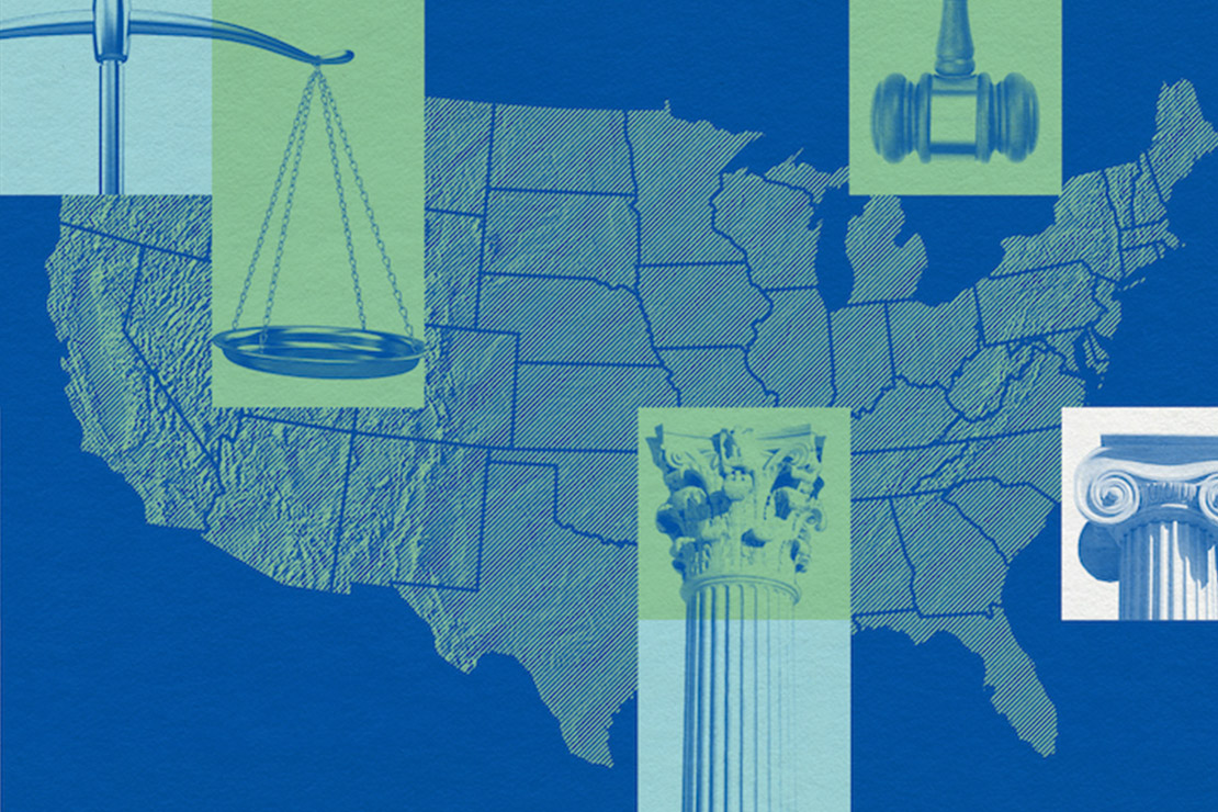 A graphic that includes a map of the United States and justice-related imagery.