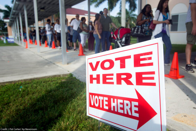 A line of voters in front of a sign that says "vote here."