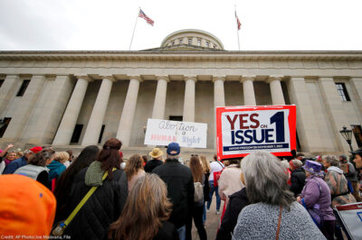 Supporters of Issue 1 attend a rally for the Right to Reproductive Freedom amendment held by Ohioans United for Reproductive Rights at the Ohio State House.