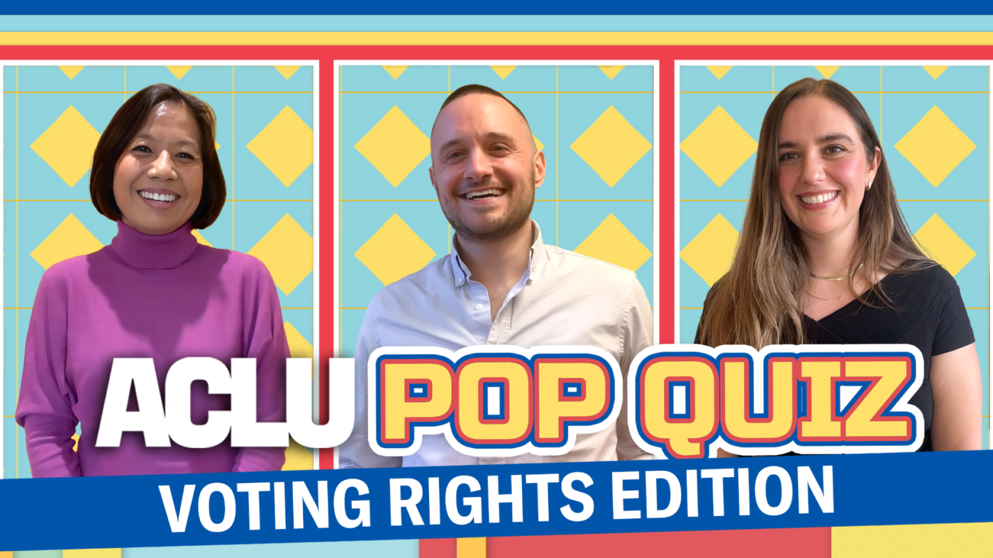 An ϰſ graphic featuring Sophia Lin Lakin, Jonathan Topaz, and Molly McGrath with the phrase ϰſ Pop Quiz Voting Rights Addition.