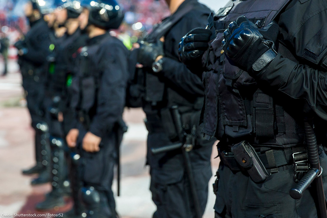 Special police unit at a stadium event.