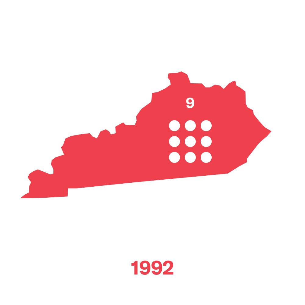 9 dots in Kentucky representing abortion clinics in 1992