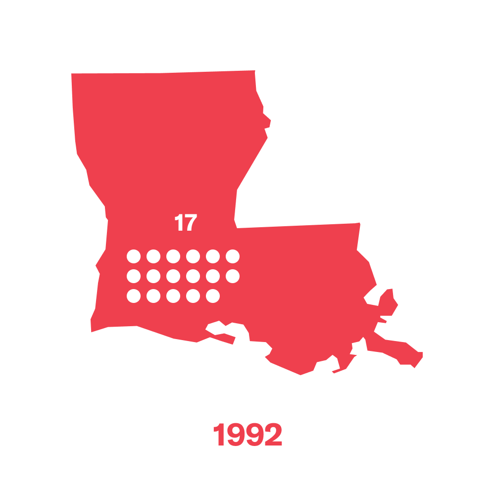 17 dots in Louisiana representing abortion clinics in 1992