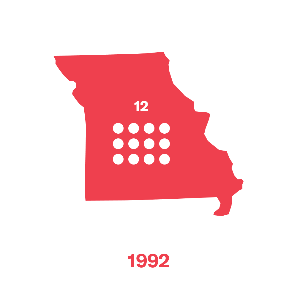 12 dots in Missouri representing abortion clinics in 1992