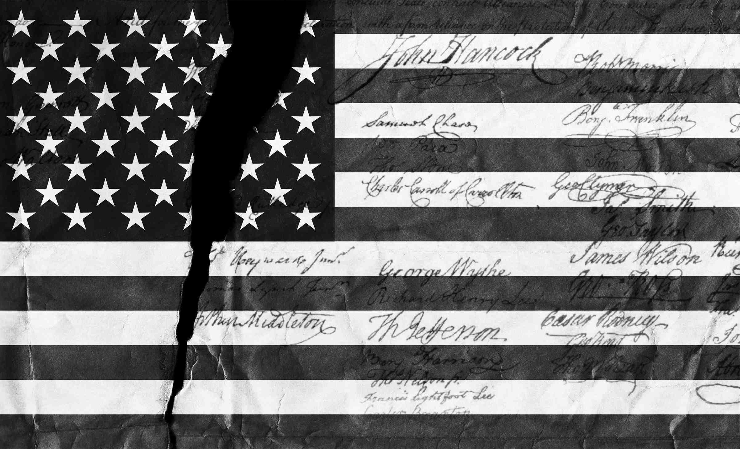 A black and white image of the American flag with distressed details and script on top.