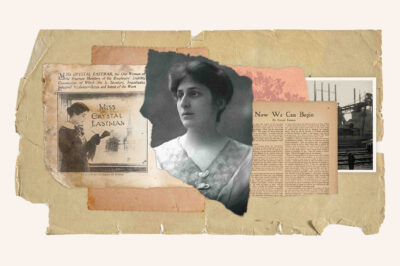 Historical collage of page clippings and a portrait of Crystal Eastman