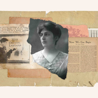 Historical collage of page clippings and a portrait of Crystal Eastman