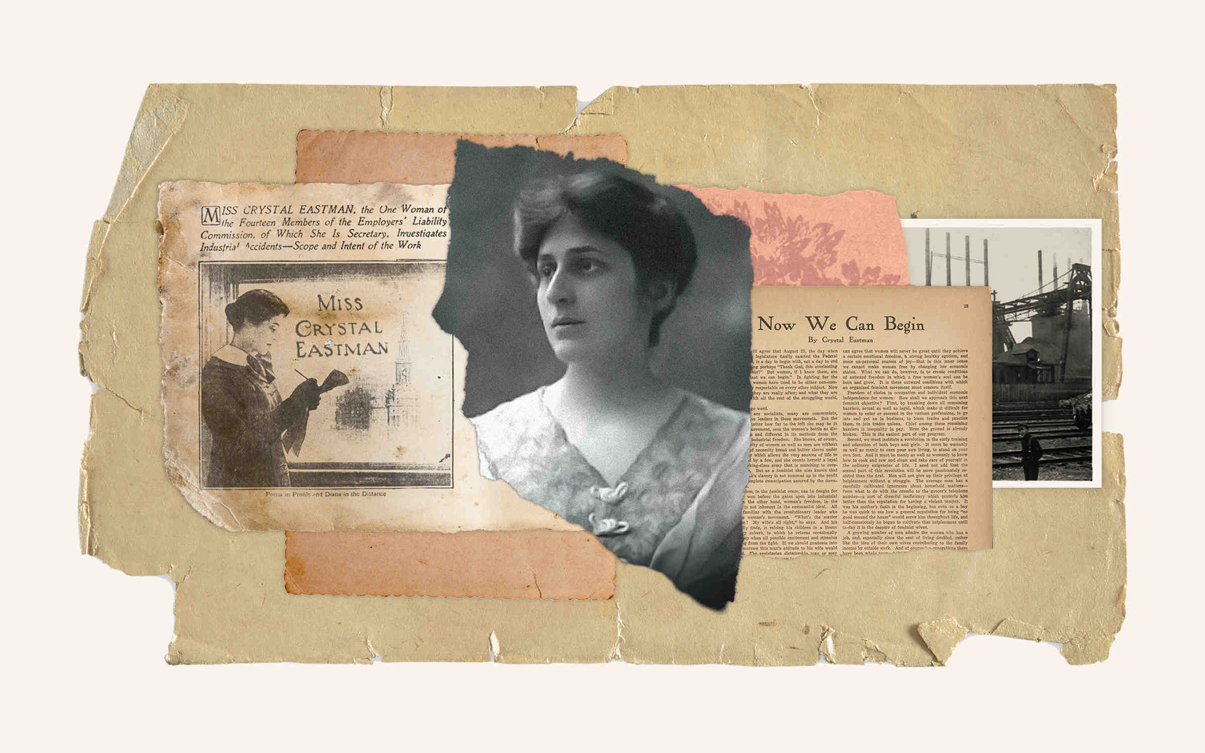 Historical collage of page clippings and a portrait of Crystal Eastman