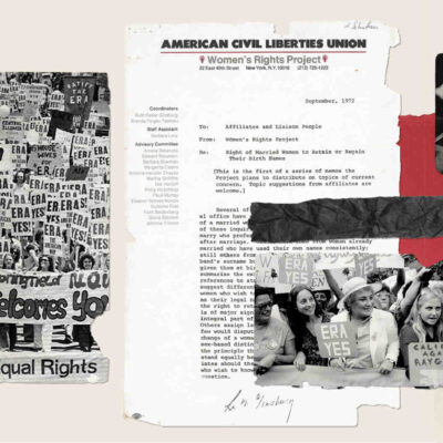 A historical collage of photos and documents, with text that says "Rally for Equal Rights"