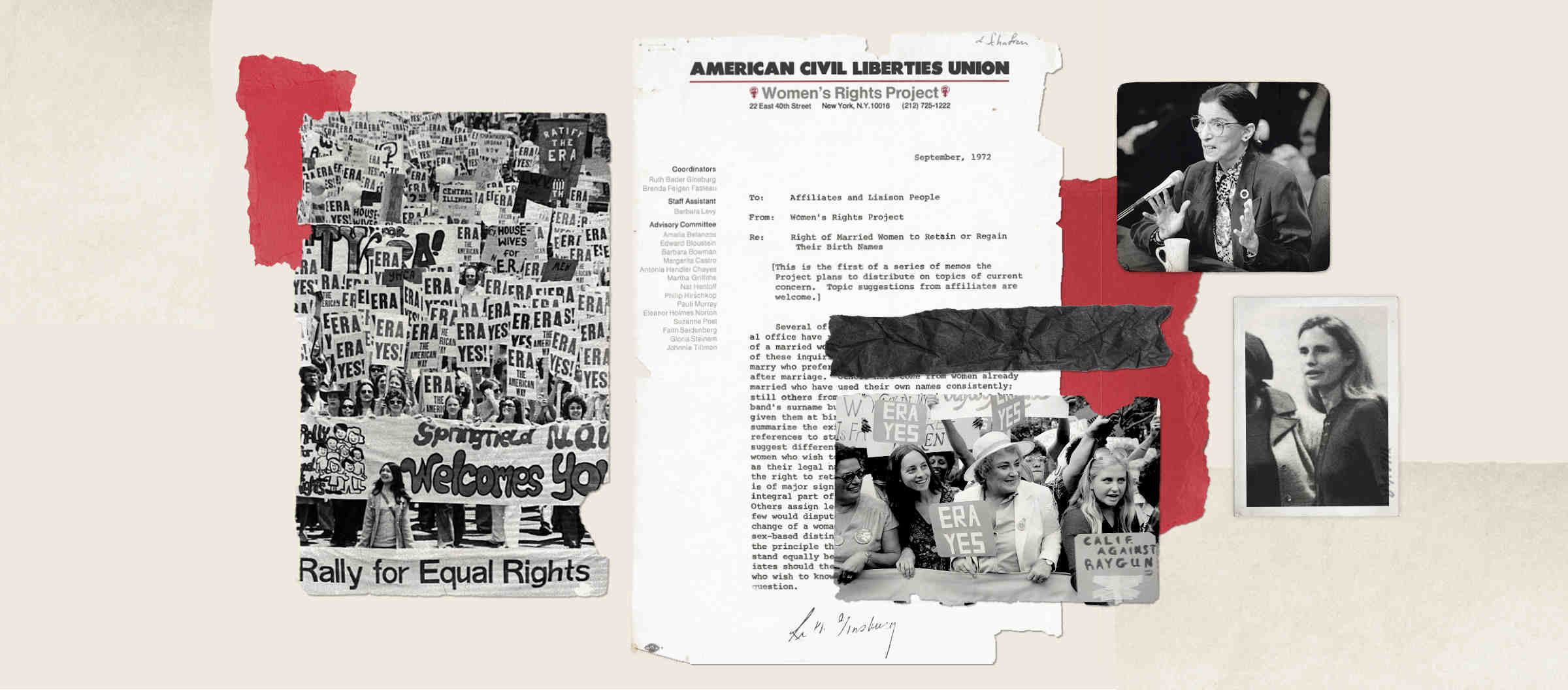 A historical collage of photos and documents, with text that says "Rally for Equal Rights"