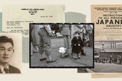 A collage of historical photos and documents, including a page with the heading "Instructions to All Persons of Japanese Ancestry"