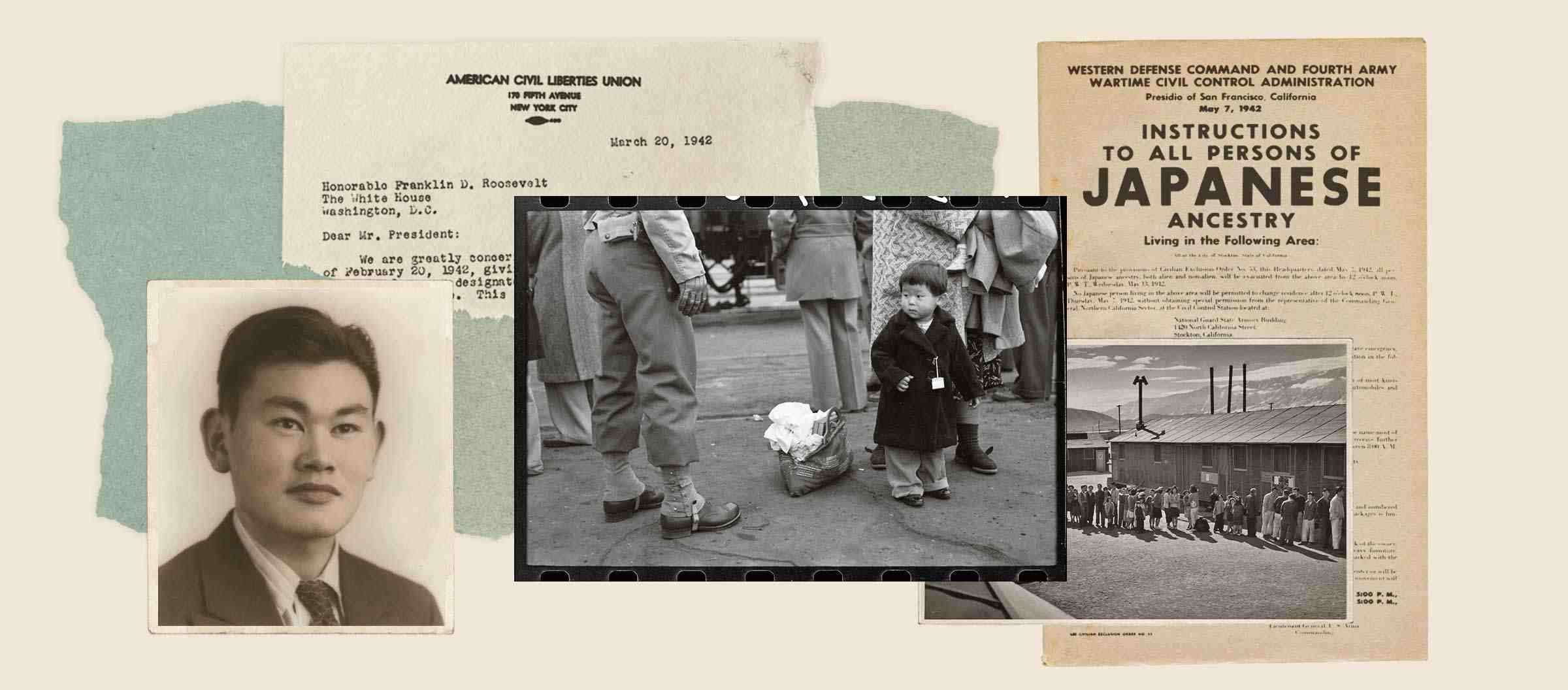 A collage of historical photos and documents, including a page with the heading "Instructions to All Persons of Japanese Ancestry"