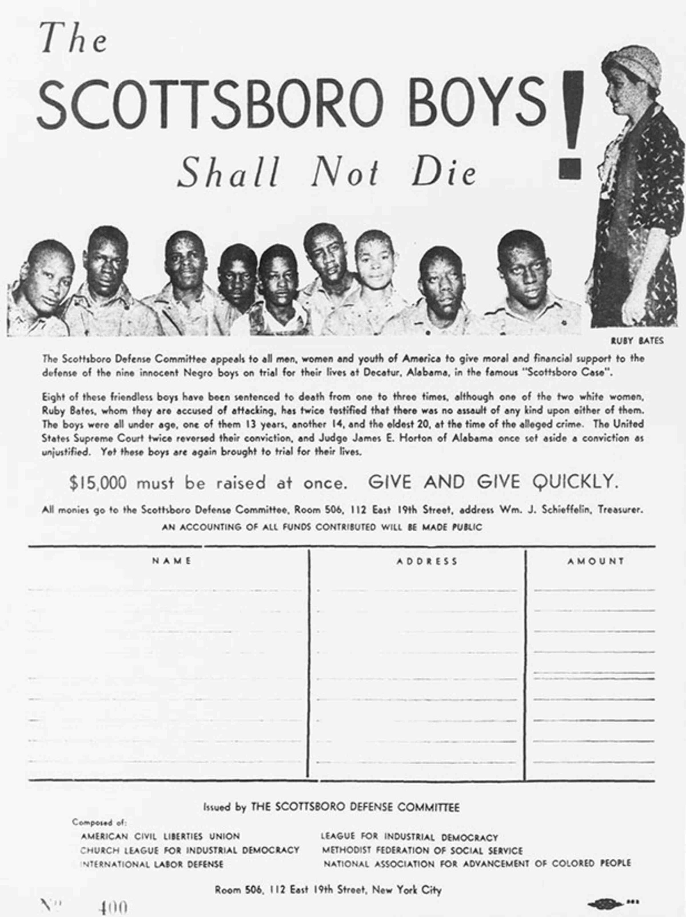 A black and white appeal poster with the heading "The Scottsboro Boys Shall Not Die!"