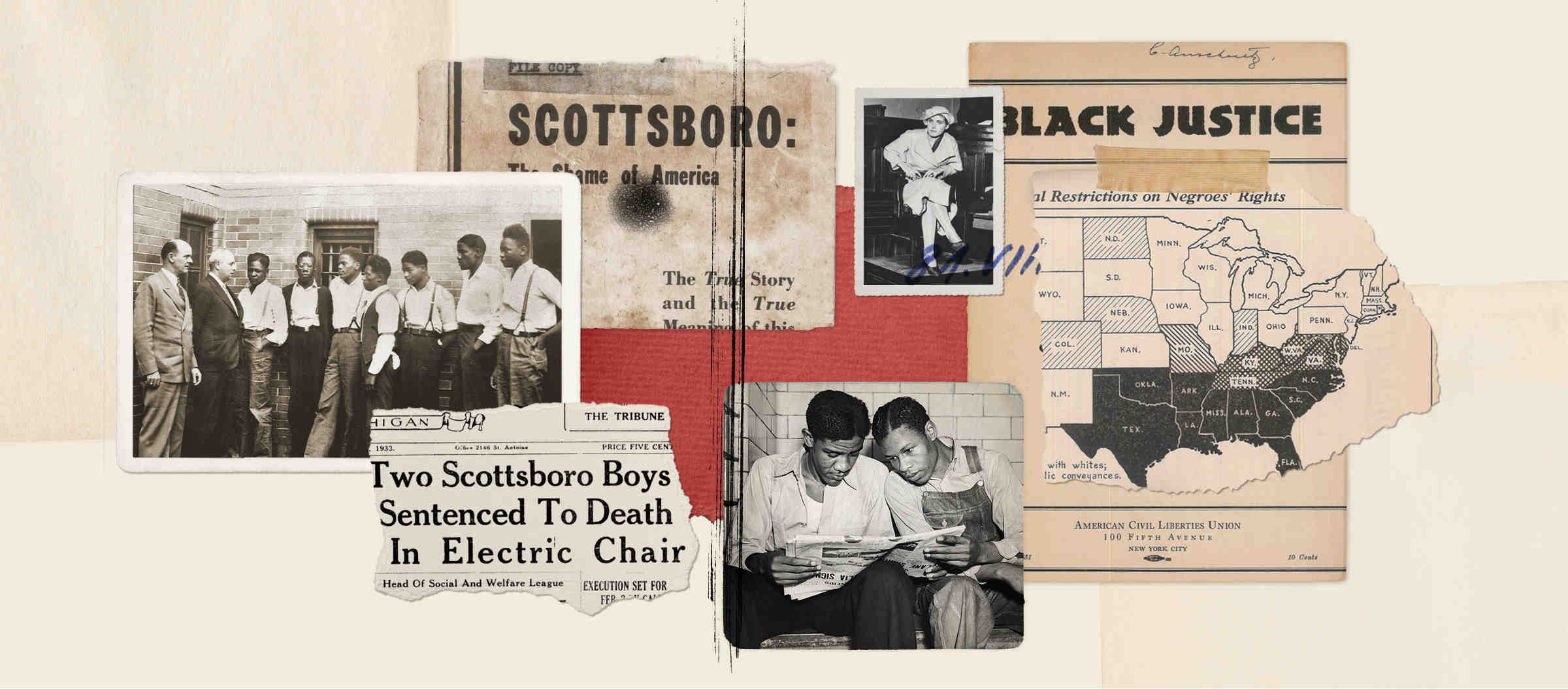 A collage of artifacts from the Scottsboro Boys, including historical images, a newspaper heading, and a map