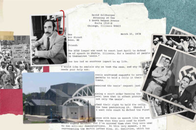 A collage of images and papers, representing the Skokie Case