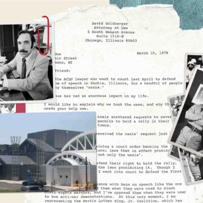 A collage of images and papers, representing the Skokie Case