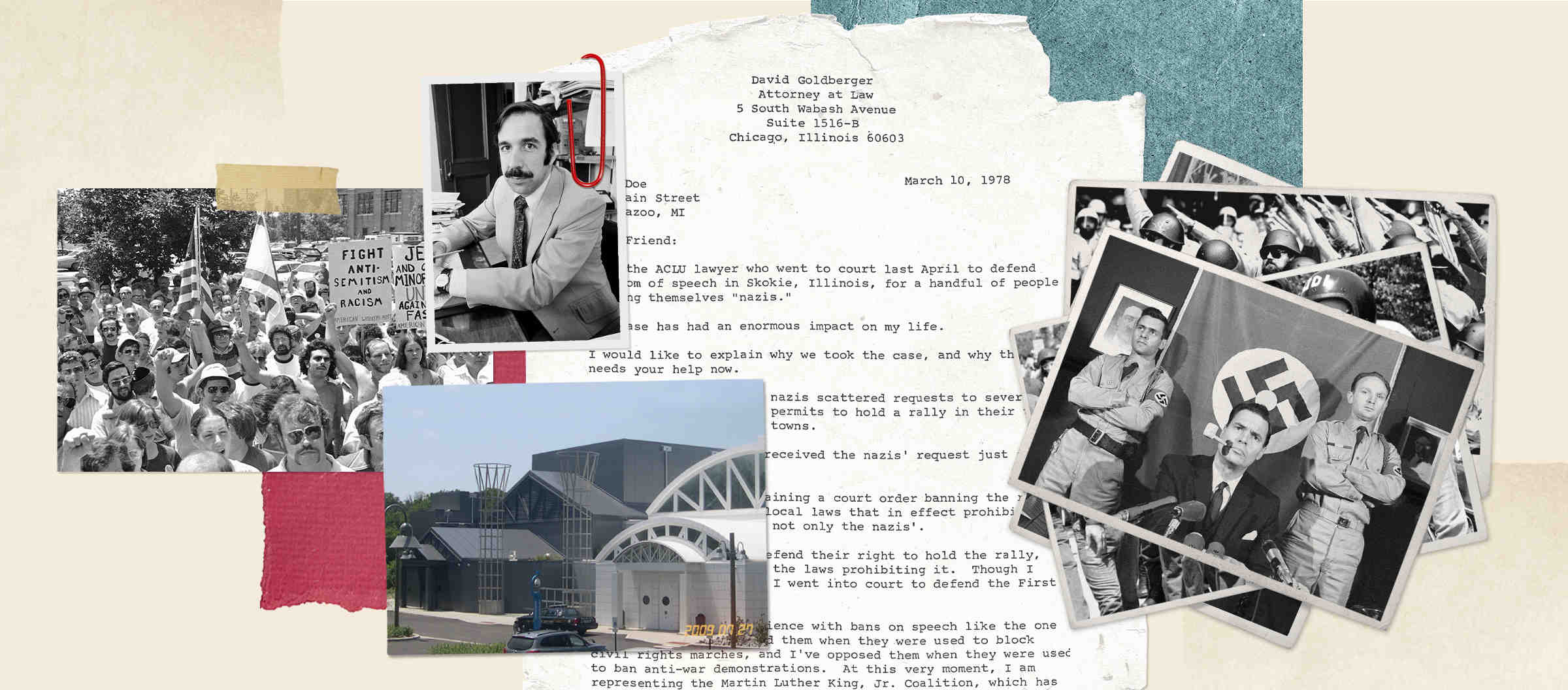 A collage of images and papers, representing the Skokie Case