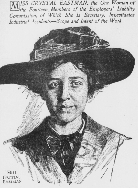 A newspaper clipping featuring a sketch of Crystal Eastman and text that says "Miss Crystal Eastman, the One Woman of the Fourteen Members of the Employers' Liability Commission"